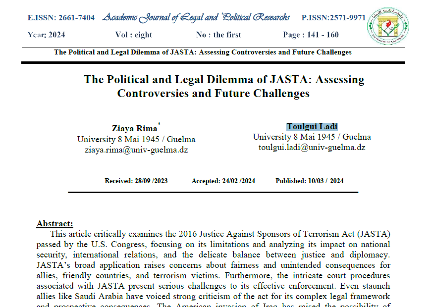 The Political and Legal Dilemma of JASTA: Assessing Controversies and Future Challenges